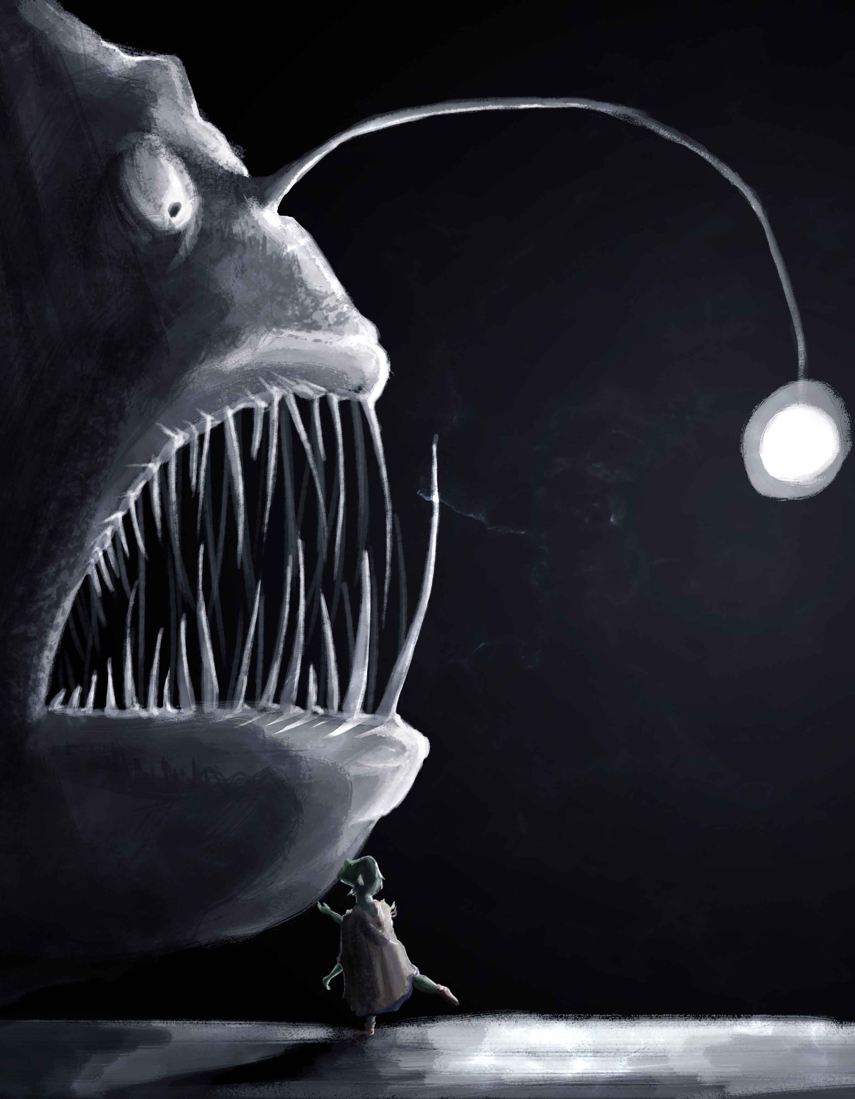 A little goblin kisses a ghostly angler fish.
